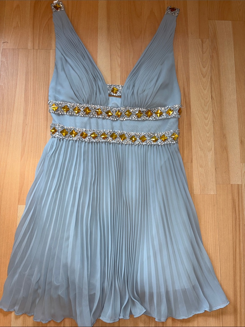 Light Blue Pleated Mini Dress with Gold Jewel Waist Detail